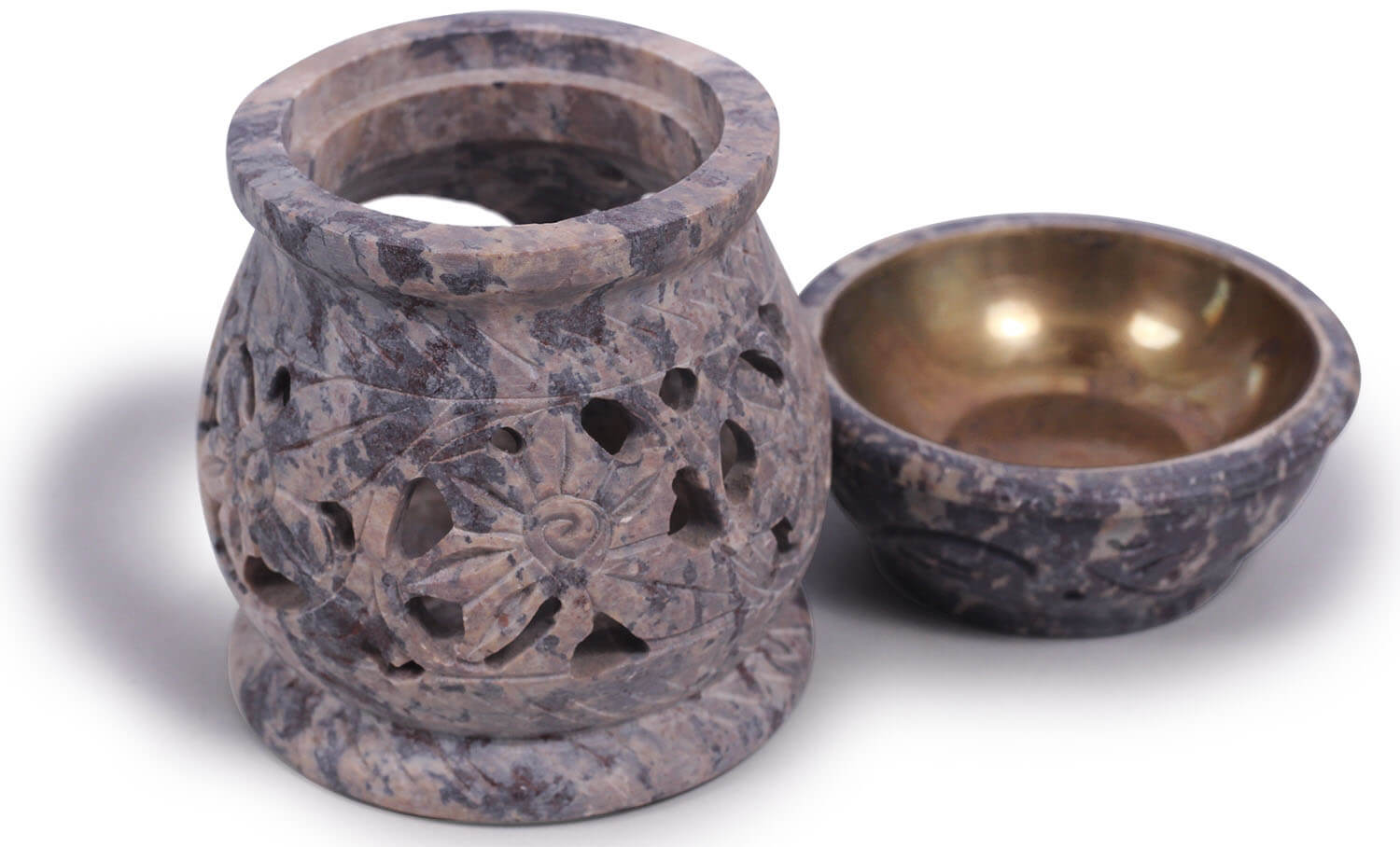 ArtistryBazaar 3” L X 4”H Small Handmade Soapstone Essential Oil Burner with Diffuser Bowl / Oil Burner for FrAgrance Aromatherapy Filigree Latticework Stone Art – Natural Grey Stoneware Art - Elegant Tea Light Votive for Home, Spa, Restaurant, Hotel, Resort