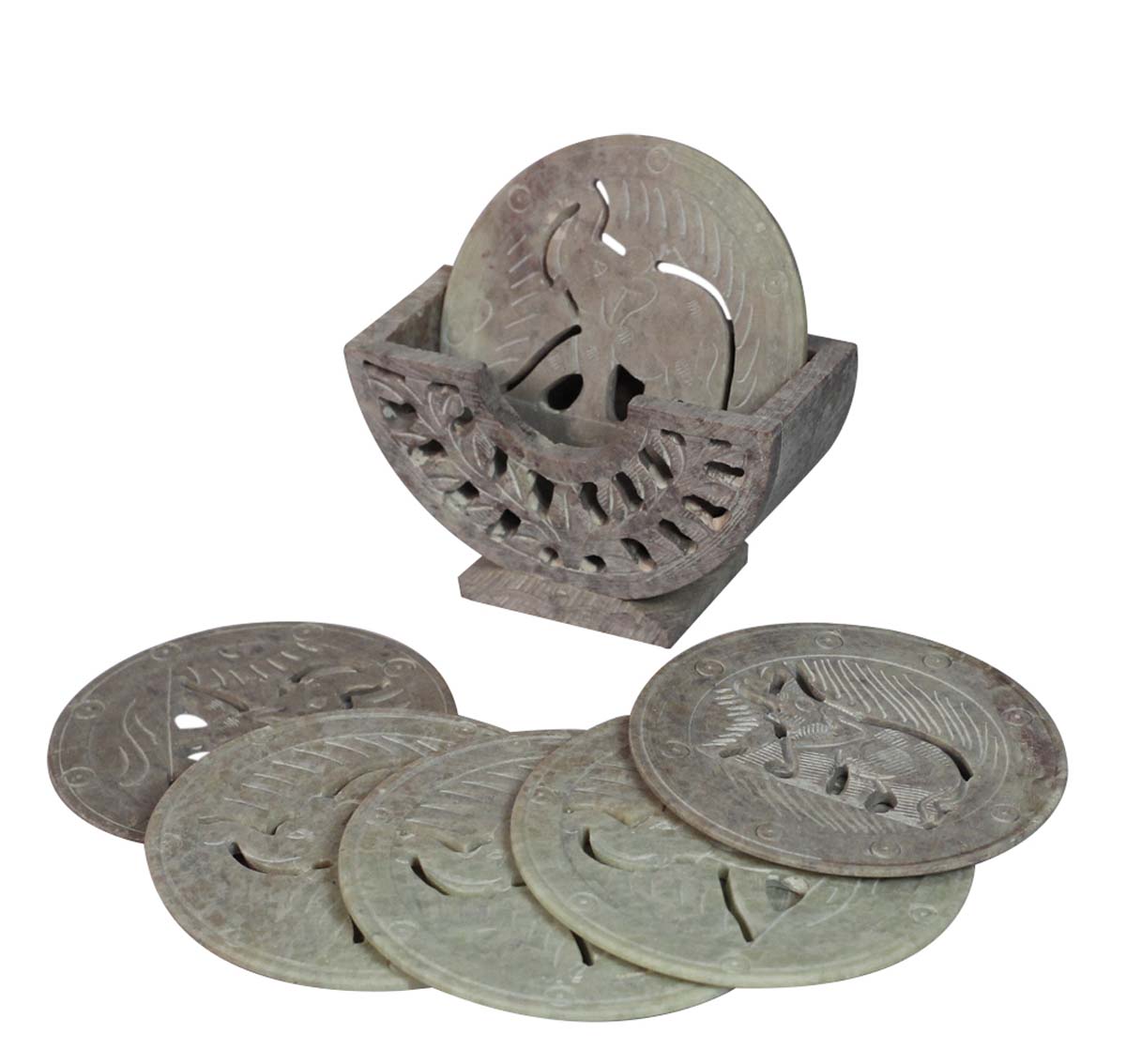 Bulk Wholesale Handmade Set of 6 Drink Coasters with a Holder in Soapstone with Elephant Motif - Table-Top Accessories in Jali Art - Home/Office Decor