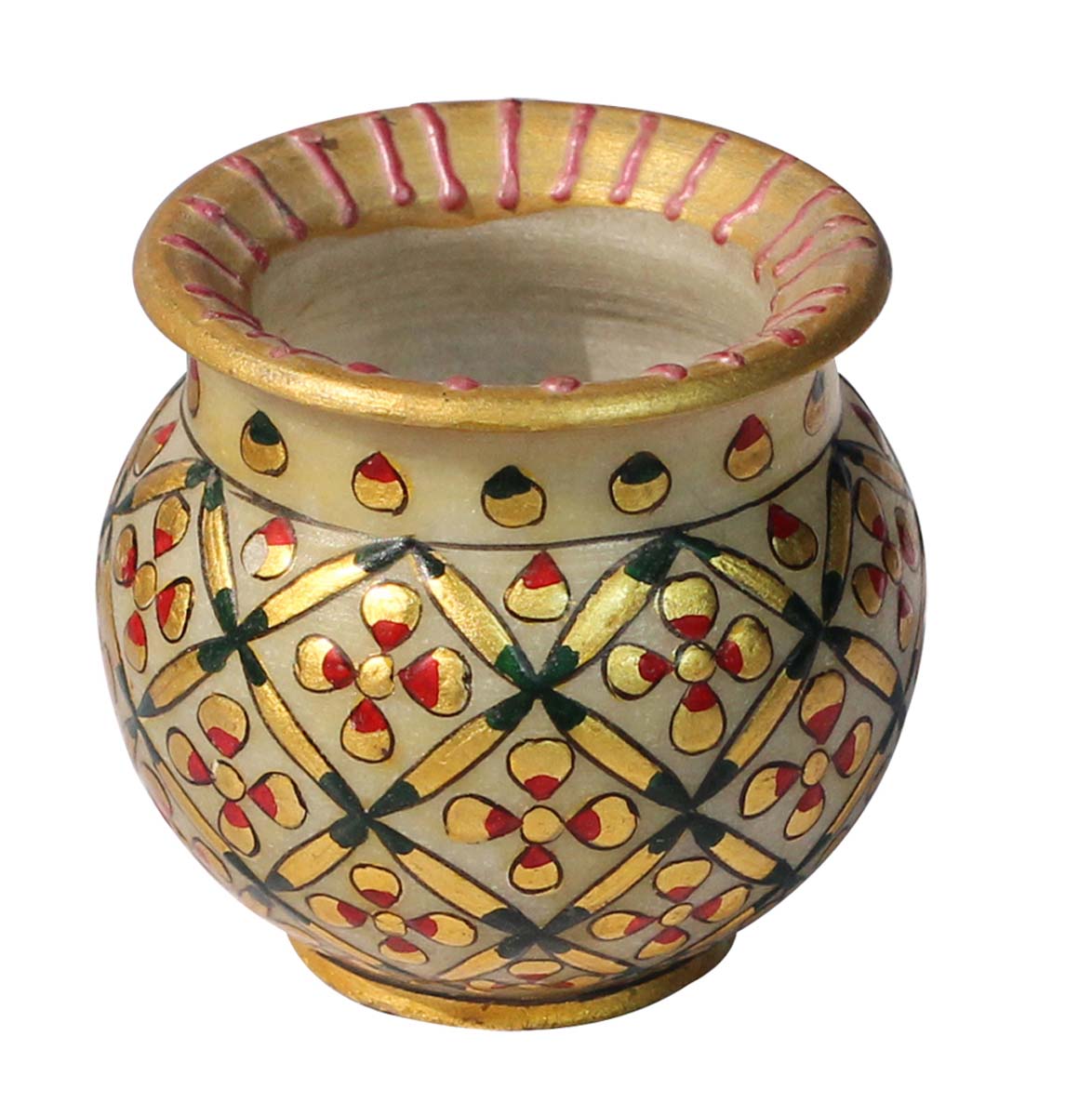 Bulk Wholesale Handmade Decorative Pot / Kalash in White Marble – Decorated with Golden Color Floral Patterns – Ethnic-Look Home Décor