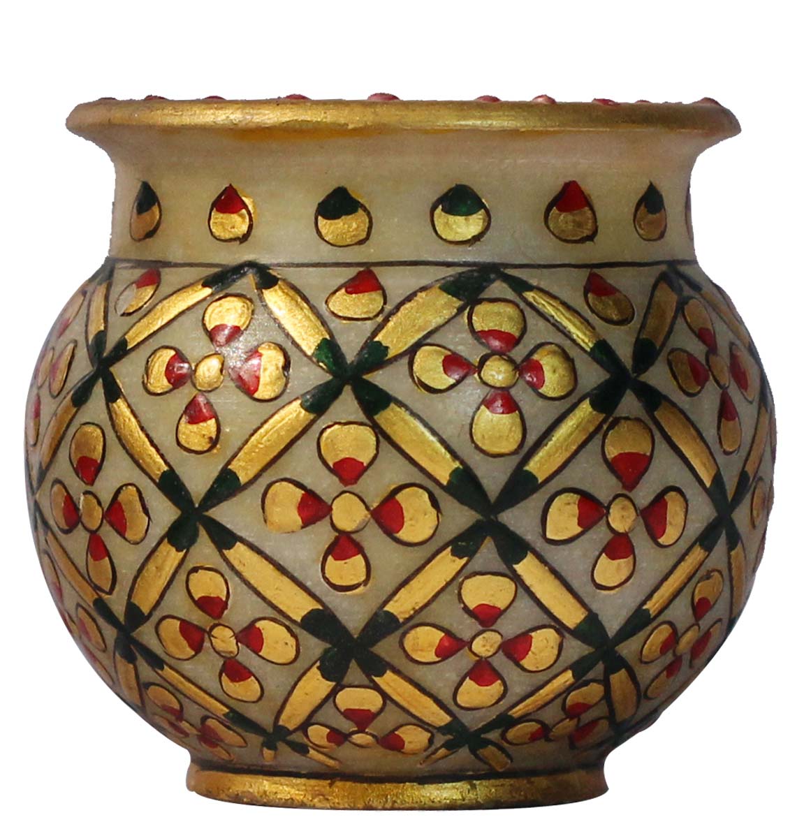 Bulk Wholesale Handmade Decorative Pot / Kalash in White Marble – Decorated with Golden Color Floral Patterns – Ethnic-Look Home Décor