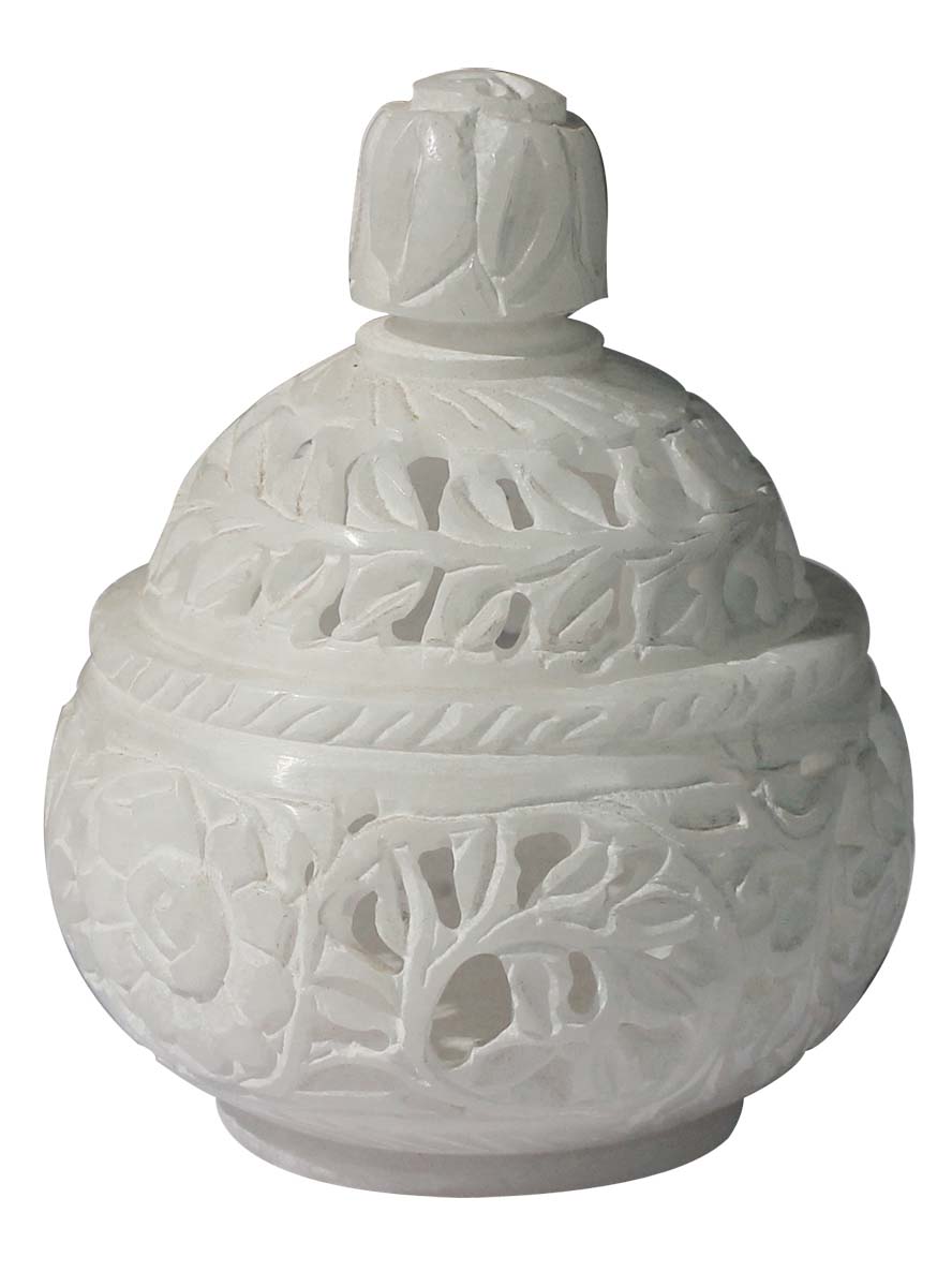 Marble 3.4” Pot-Shaped Jewelry/Storage Box in Wholesale - Decorative Handmade Trinket/Storage Box with Lid in Openwork or Jali Art - Bulk Buy Dresser Accessories from India