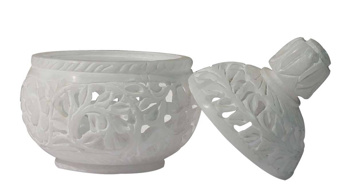 Marble 3.4” Pot-Shaped Jewelry/Storage Box in Wholesale - Decorative Handmade Trinket/Storage Box with Lid in Openwork or Jali Art - Bulk Buy Dresser Accessories from India