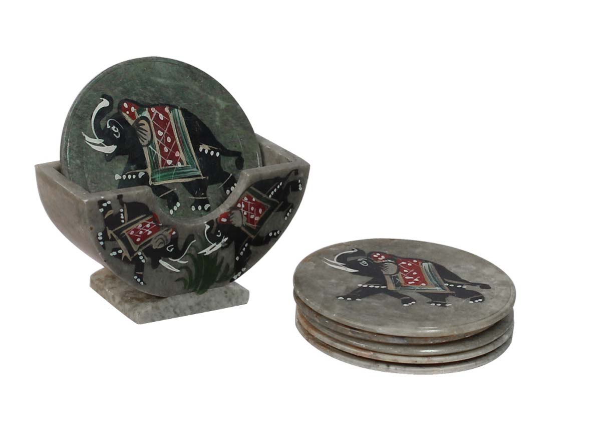 Bulk Wholesale Coaters in Soapstone with a Holder - Handmade Set of 6 Round-Shaped Decorated with Elephant Design - Table-Top Accessories - Home/Office Decor