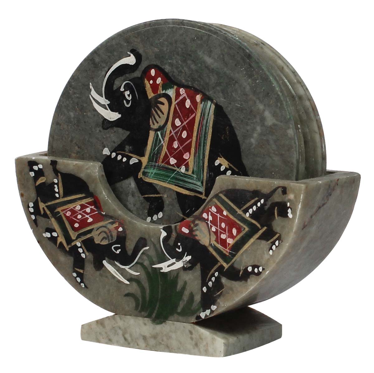 Bulk Wholesale Coaters in Soapstone with a Holder - Handmade Set of 6 Round-Shaped Decorated with Elephant Design - Table-Top Accessories - Home/Office Decor