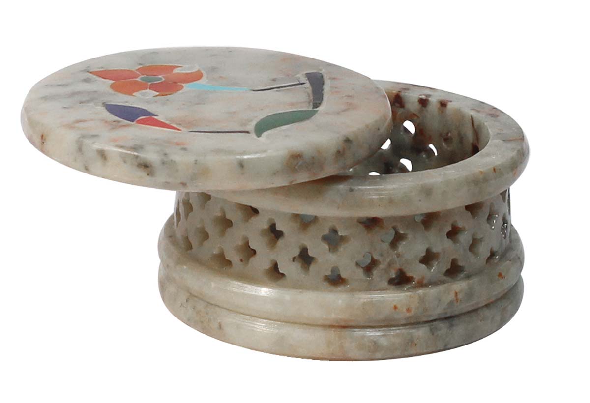 Wholesale 2” Small Cute Marble Jewelry Box - Handmade Round Shaped Trinket Box with Lid for Rings/Studs and Small Jewelries - Decorated with Floral Pattern in Pietra Dura & Jali Art - Bulk Buy Dresser Accessories from India