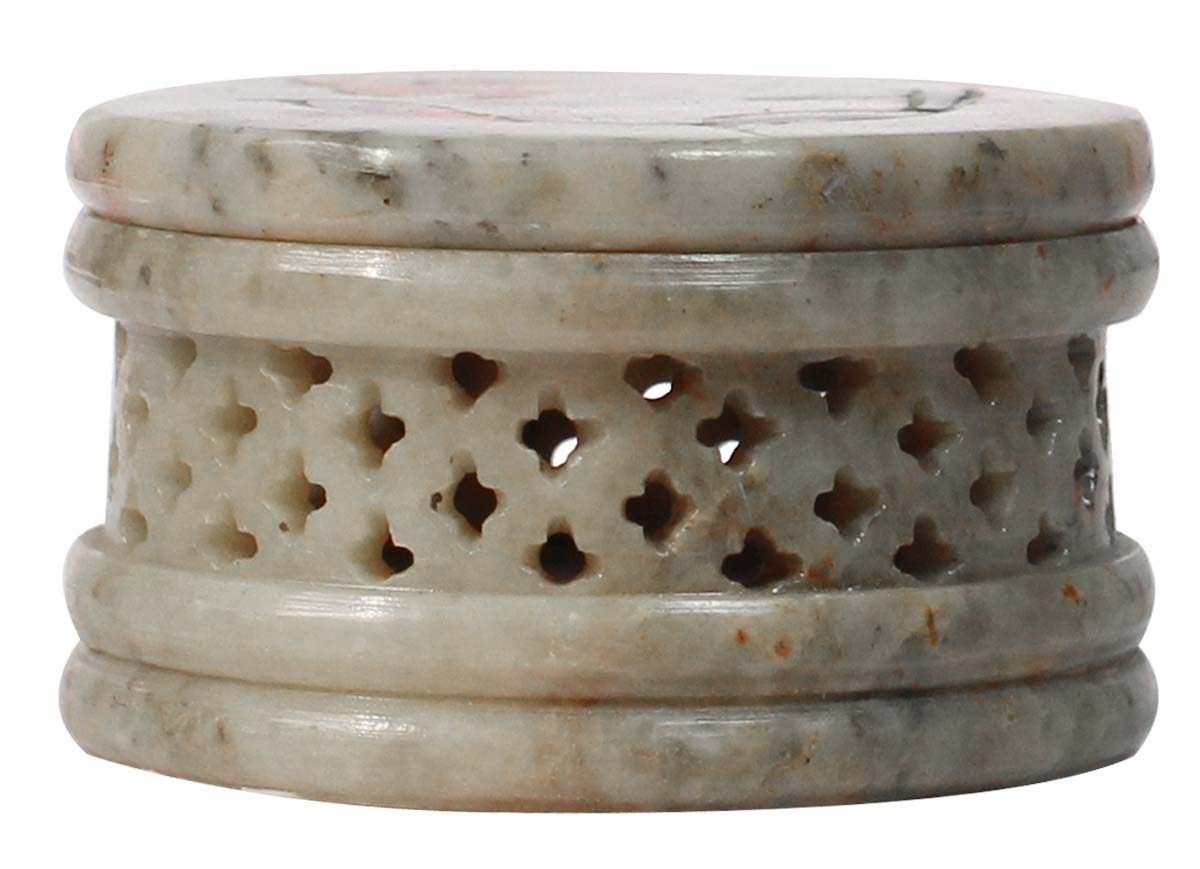 Wholesale 2” Small Cute Marble Jewelry Box - Handmade Round Shaped Trinket Box with Lid for Rings/Studs and Small Jewelries - Decorated with Floral Pattern in Pietra Dura & Jali Art - Bulk Buy Dresser Accessories from India
