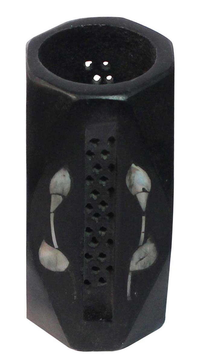 Bulk Wholesale 4” Octagon Shaped Pen Stand / Holder / Organizer in Black-Color – Hand-Carved in Soapstone – Designed with Floral Pattern – Desk Accessories 