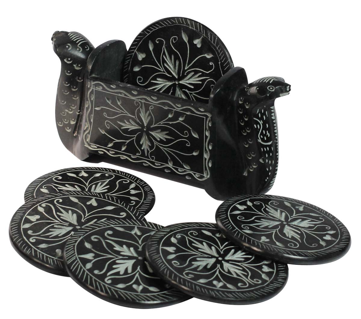 Bulk Wholesale Round-Shaped Set of 6 Coasters in Black & Gray Color with Snake Design on the Holder – Table-Top Accessories – Home / Office Décor
