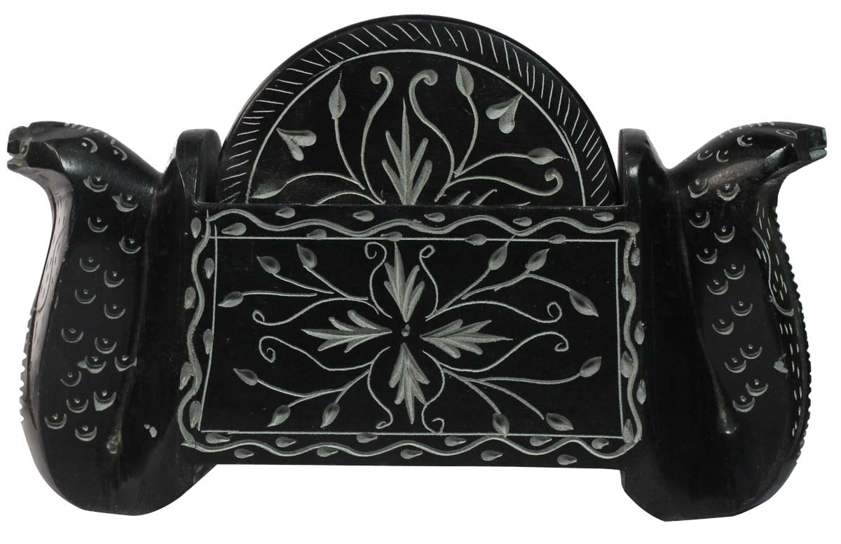 Bulk Wholesale Round-Shaped Set of 6 Coasters in Black & Gray Color with Snake Design on the Holder – Table-Top Accessories – Home / Office Décor