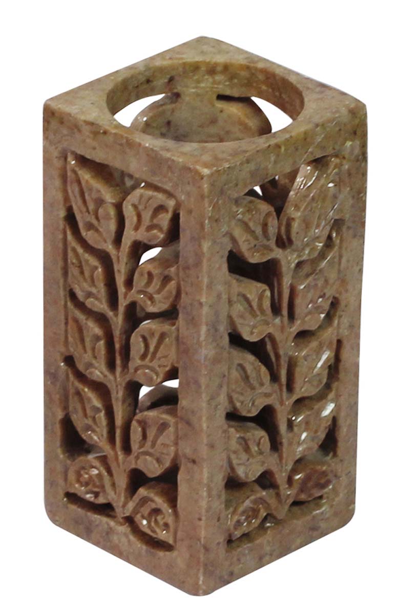 Bulk Wholesale Pen Stand/Holder/Organizer in Brown-Color Rectangular-Shaped - Hand-Carved in Soapstone - Designed with Leafy Pattern in Jali Art - Desk Accessories
