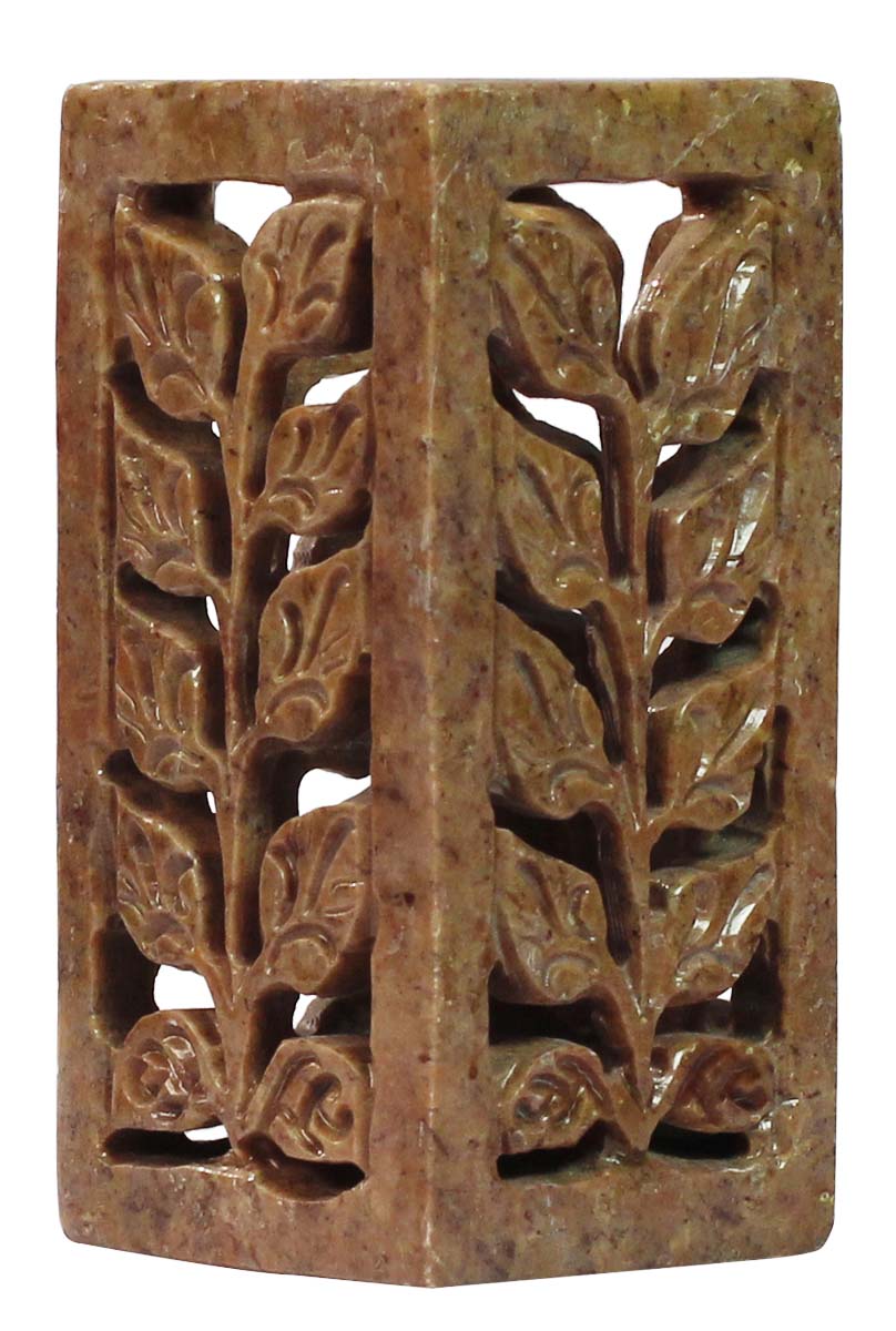 Bulk Wholesale Pen Stand/Holder/Organizer in Brown-Color Rectangular-Shaped - Hand-Carved in Soapstone - Designed with Leafy Pattern in Jali Art - Desk Accessories