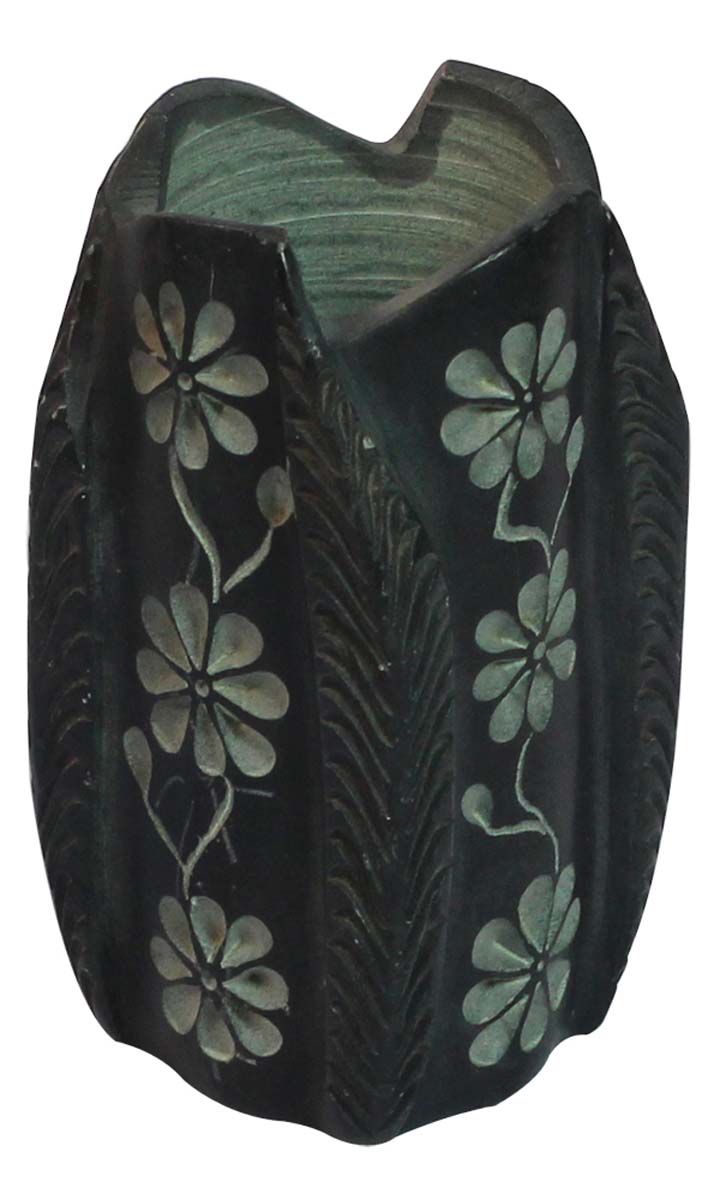 Bulk Wholesale Pen Stand / Holder / Organizer in Black-Color – Hand-Carved in Soapstone – Decorated with Floral Patterns in Gray Color – Desk Accessories 