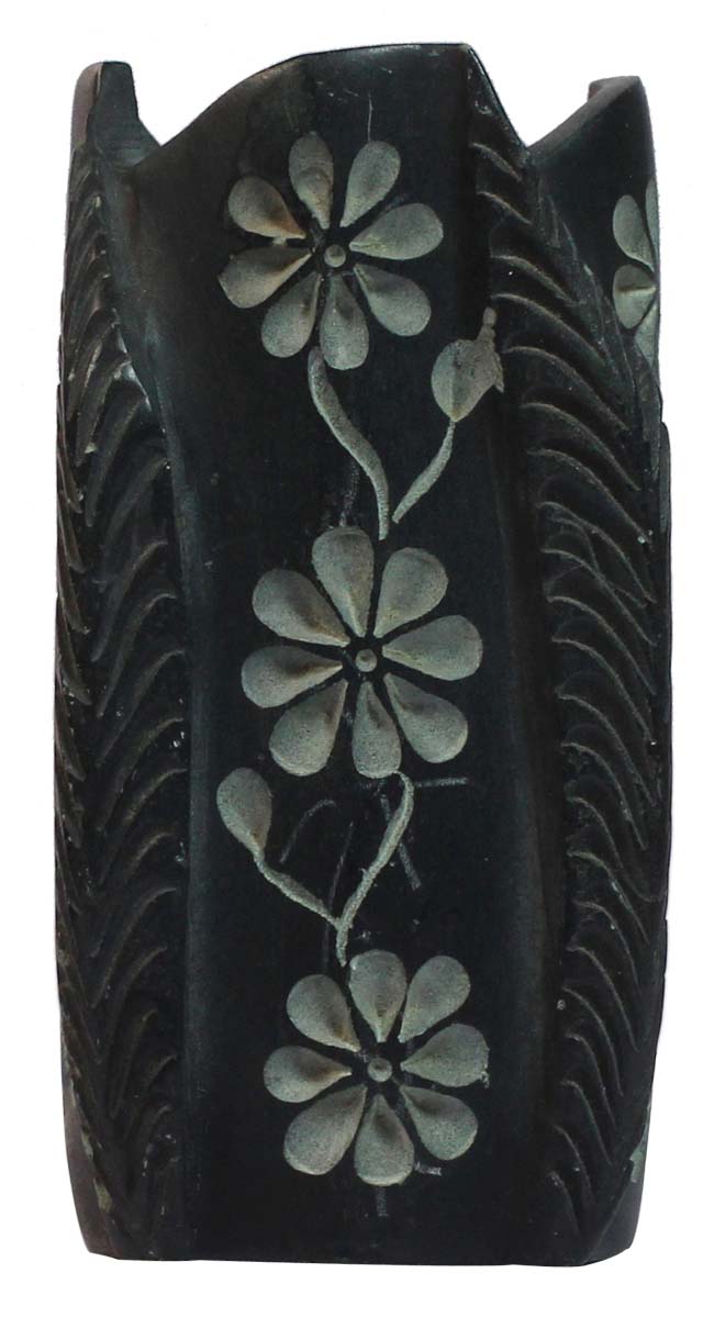 Bulk Wholesale Pen Stand / Holder / Organizer in Black-Color – Hand-Carved in Soapstone – Decorated with Floral Patterns in Gray Color – Desk Accessories 