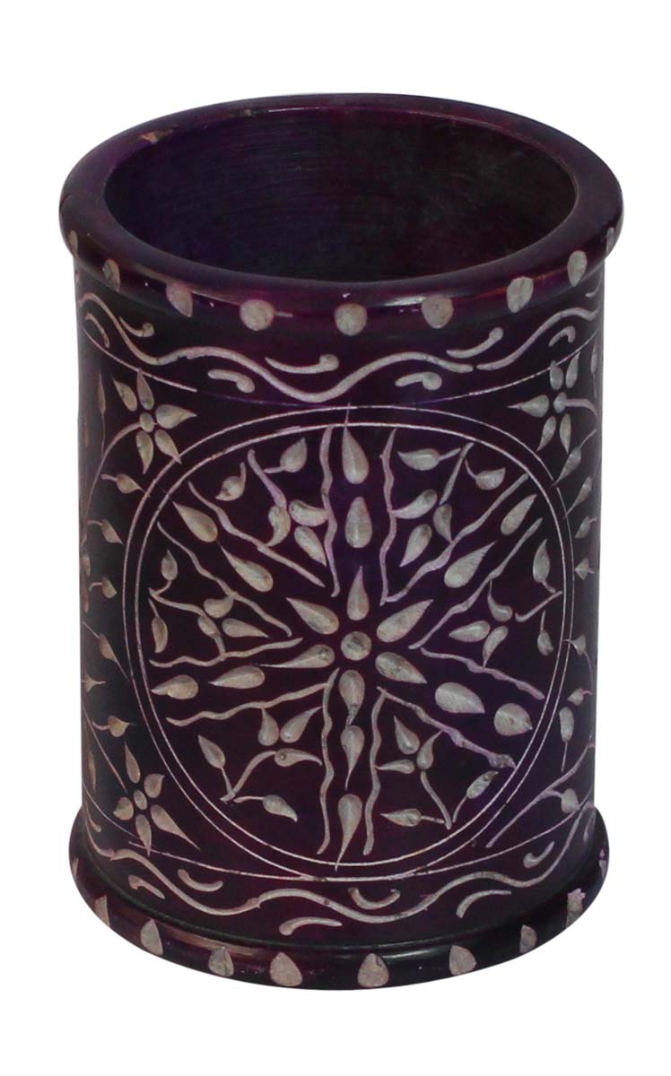 Bulk Wholesale 4” Handmade Purple Color Pen Stand / Holder / Organizer in Soapstone – Decorated with Leaf Shaped Patterns – Desk Accessories