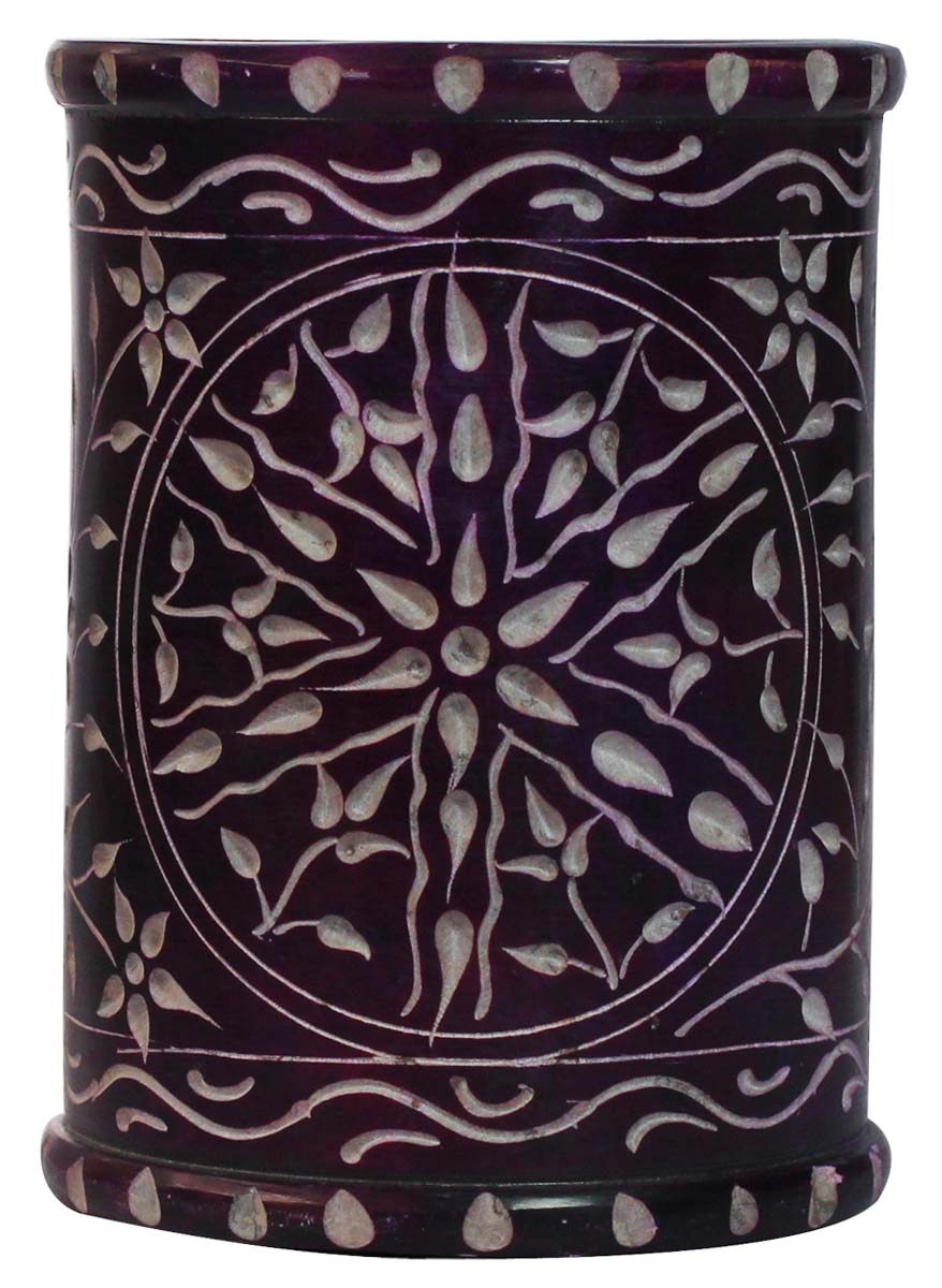 Bulk Wholesale 4” Handmade Purple Color Pen Stand / Holder / Organizer in Soapstone – Decorated with Leaf Shaped Patterns – Desk Accessories