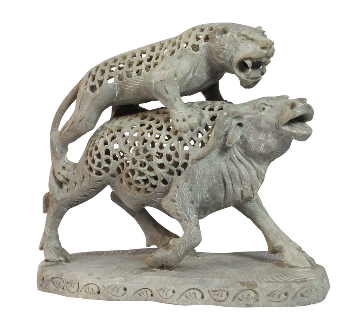 Wholesale Lion & Bull Figurine - Bulk Buy 6.7” Hand Carved Soapstone Lion & Bull Statue - Unique Open-Work Art - Animal Decor Sculpture - Home & Office Decor Gifts from India