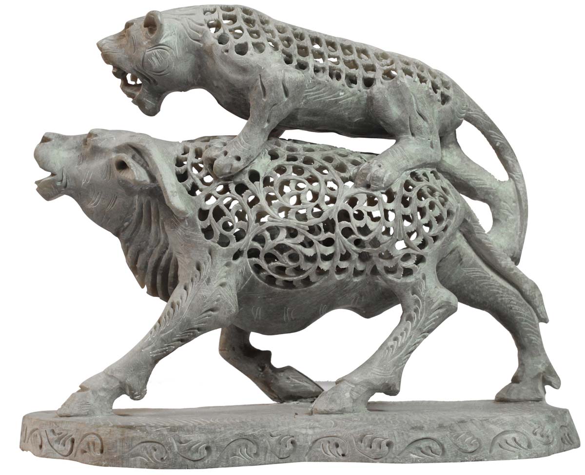Wholesale Lion & Bull Figurine - Bulk Buy 6.7” Hand Carved Soapstone Lion & Bull Statue - Unique Open-Work Art - Animal Decor Sculpture - Home & Office Decor Gifts from India