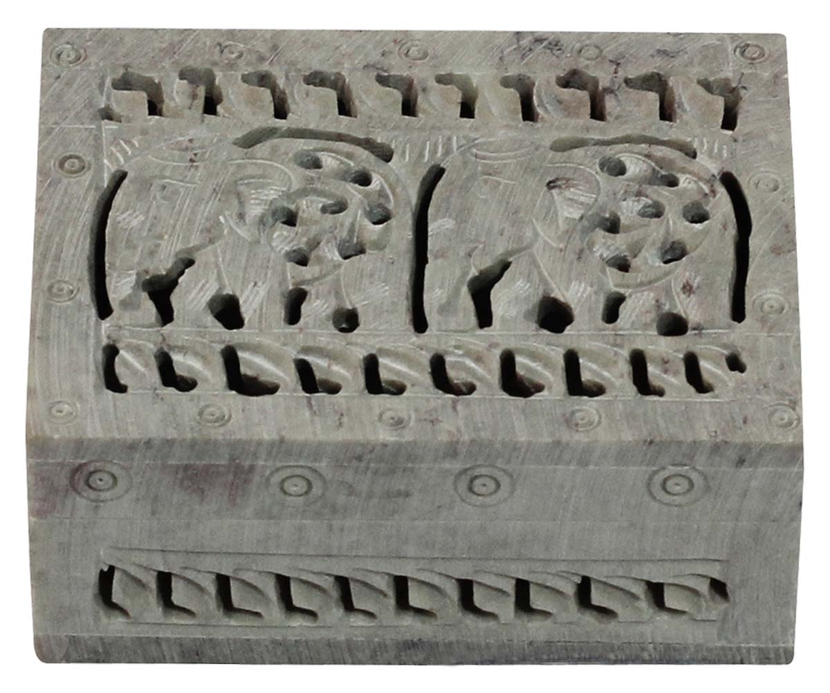 Wholesale Rectangular 4x3” Jewelry Box with Elephant Motifs on the Hinged Top Cover - Bulk Buy Handmade Soapstone Storage Box/Keepsake Box/Trinket Box in Jali Art Carving from India