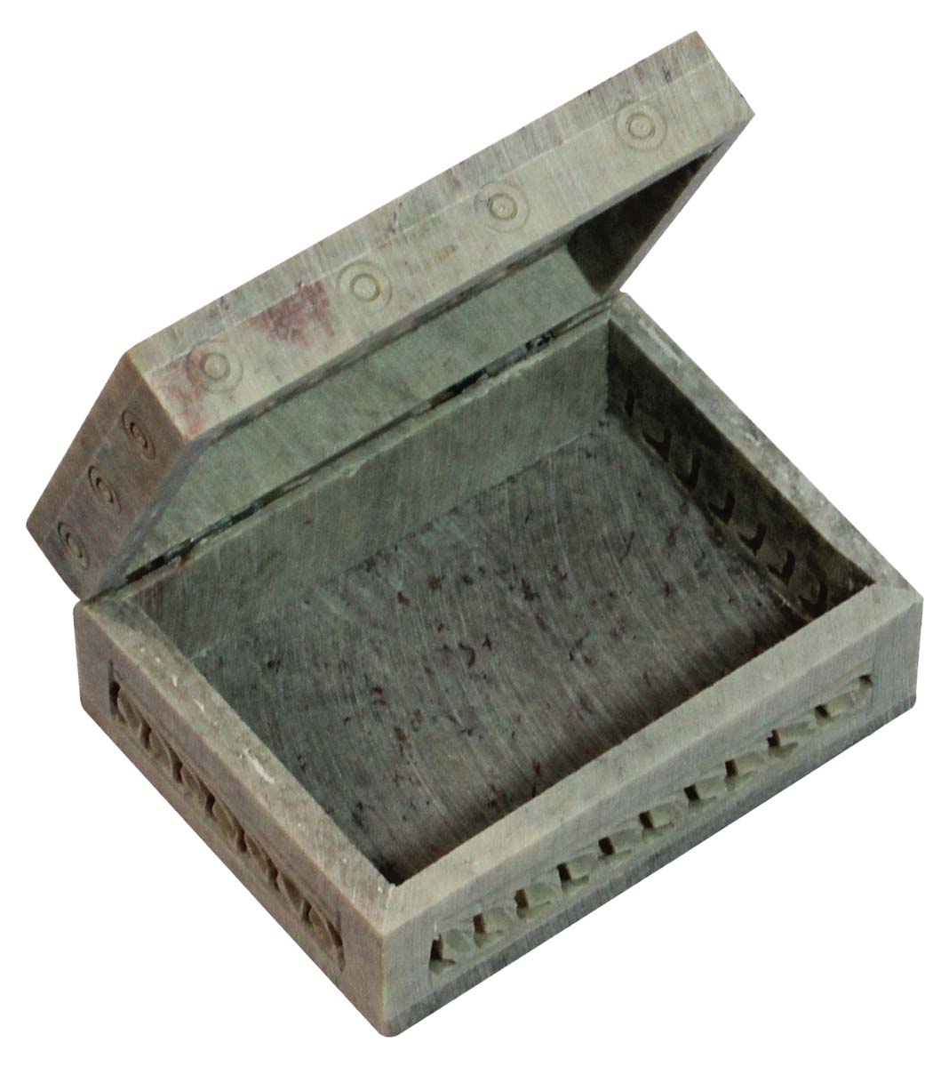 Wholesale Rectangular 4x3” Jewelry Box with Elephant Motifs on the Hinged Top Cover - Bulk Buy Handmade Soapstone Storage Box/Keepsake Box/Trinket Box in Jali Art Carving from India