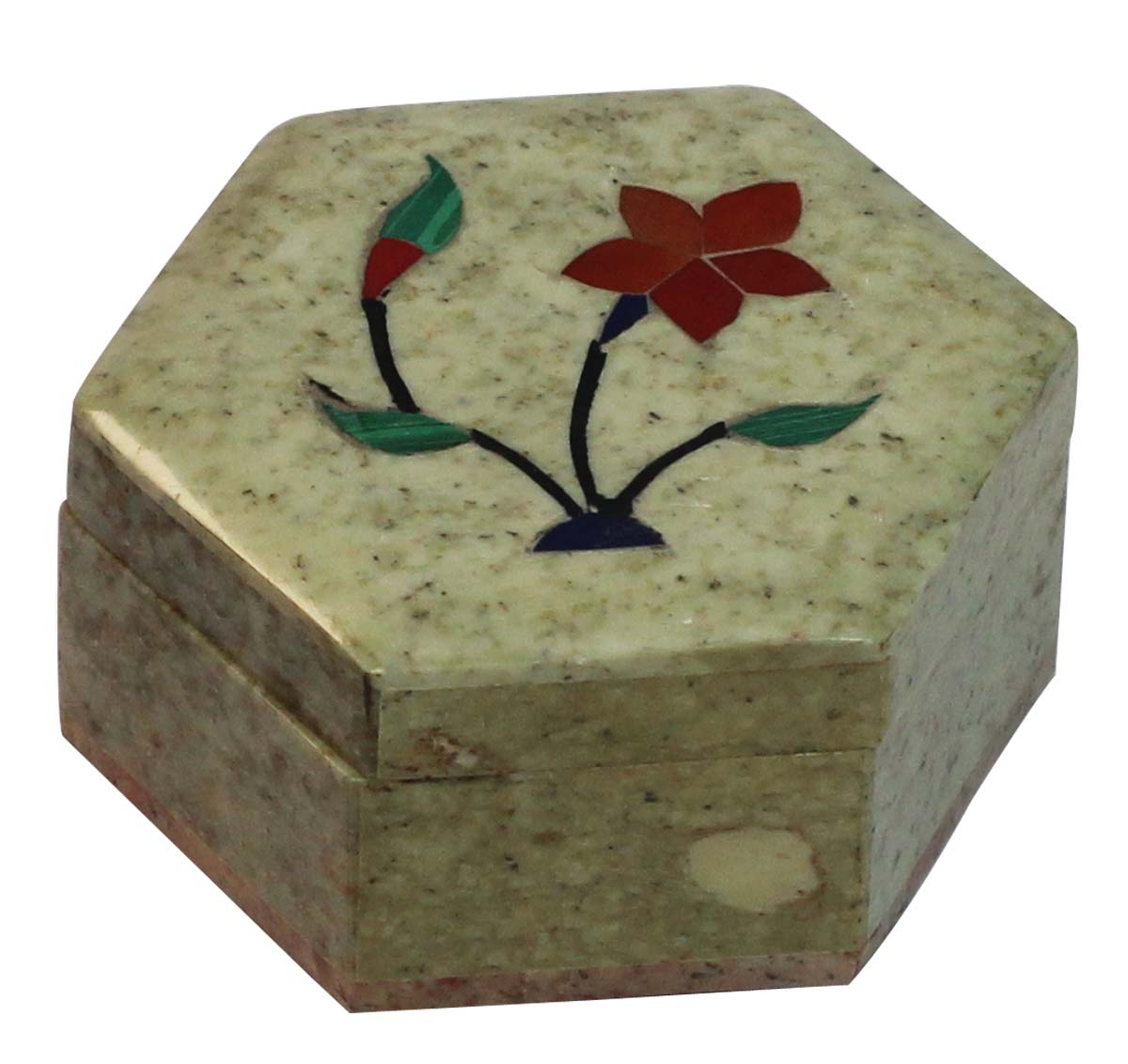 Wholesale 3” Marble Jewelry Box - Handmade Hexagon Shaped Trinket Box - Decorated with Floral Pattern in Pietra Dura Art - Bulk Buy Dresser Accessories from India