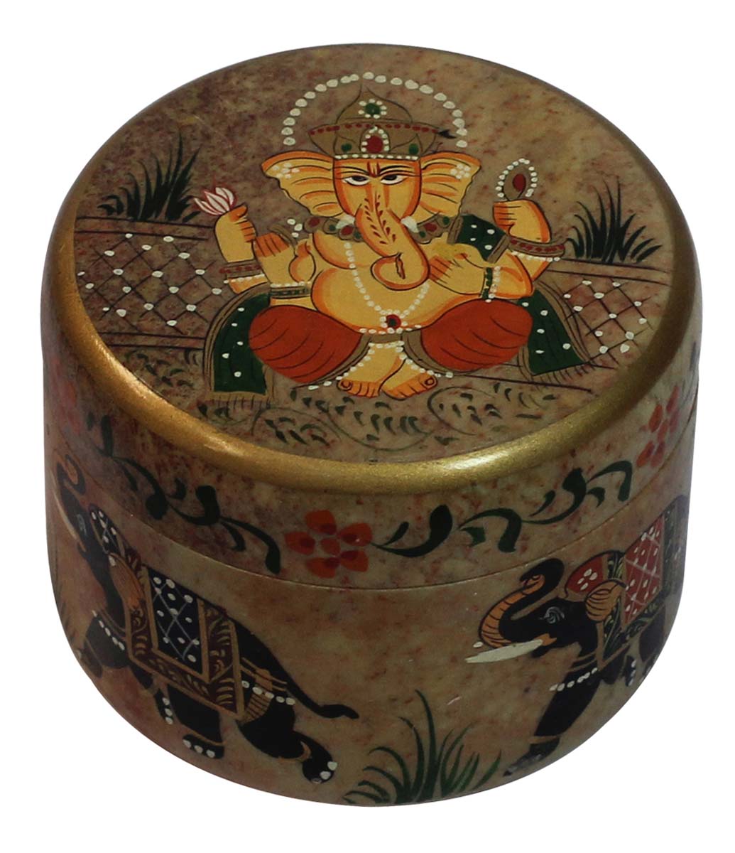 Wholesale 3.4” Marble Jewelry Box - Handmade Round Shaped Trinket Box - Decorated with Elephant, Floral Motifs & Lord Ganesha Portrait on the Top Lid - Bulk Buy Dresser Accessories from India