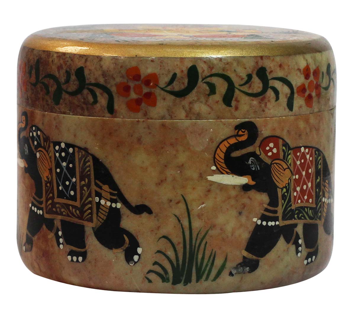 Wholesale 3.4” Marble Jewelry Box - Handmade Round Shaped Trinket Box - Decorated with Elephant, Floral Motifs & Lord Ganesha Portrait on the Top Lid - Bulk Buy Dresser Accessories from India