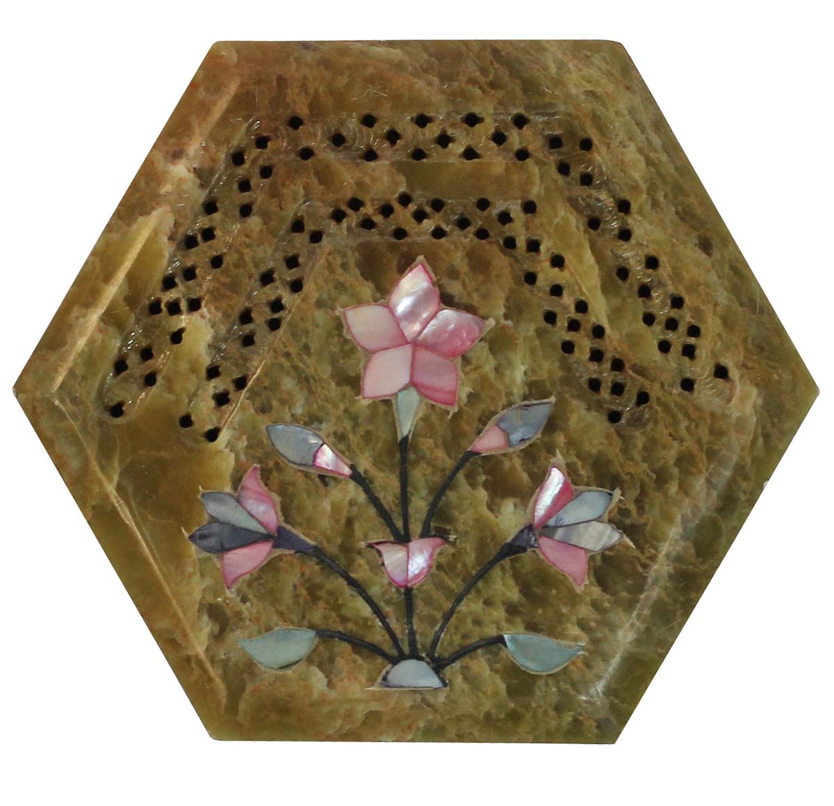 Wholesale 5.5” Marble Jewelry Box - Handmade Hexagon Shaped Trinket Box - Decorated with Floral Pattern in Pietra Dura & Jali Art - Bulk Buy Dresser Accessories from India
