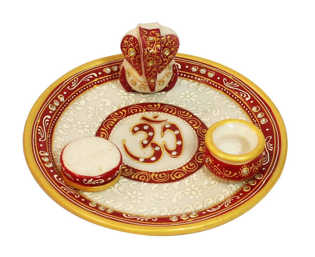 Bulk Wholesale 8.4” White & Red Color Pooja Thali / Plate with Lord Ganesha Statue, Incense Stick Holder & a Kalash with an Om Symbol – Handmade in Marble