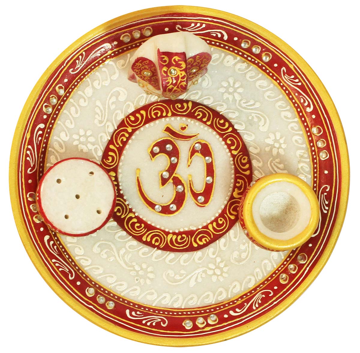 Bulk Wholesale 8.4” White & Red Color Pooja Thali / Plate with Lord Ganesha Statue, Incense Stick Holder & a Kalash with an Om Symbol – Handmade in Marble