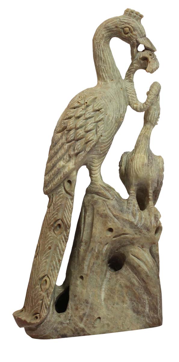 Wholesale Peacock & Snake Figurine - Buy in Bulk 8.6” Hand Carved White Stone Peacock & Peahen Figurine/Statue - Unique Open-Work Art - Unique Animal Decor Sculpture