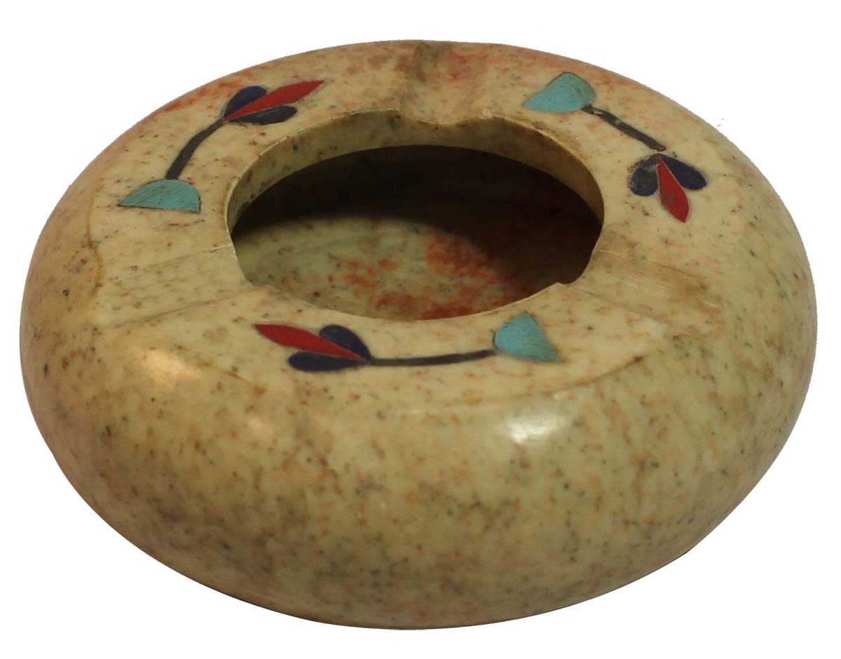 Bulk Wholesale Round-Shaped Ashtray in Soapstone - Handmade Decorated with Colorful Floral Patterns in Pietra Dura Art - Table-Top Accessories - Home/Office Decor