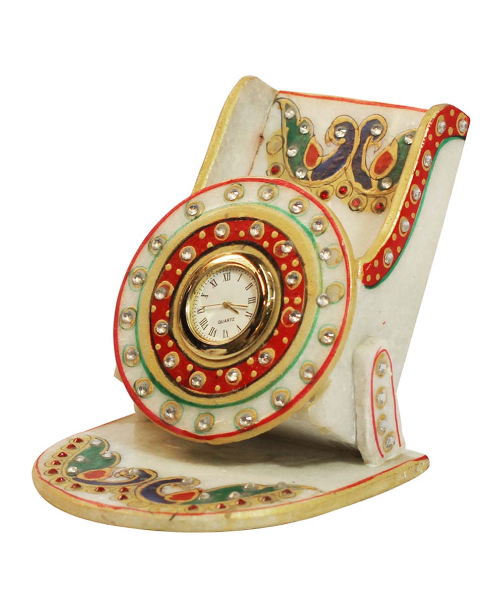 Bulk Wholesale Handmade Chair Design Mobile Holder in Marble – Decorated with Colorful Peacock Motifs – Stylish Desk Accessories