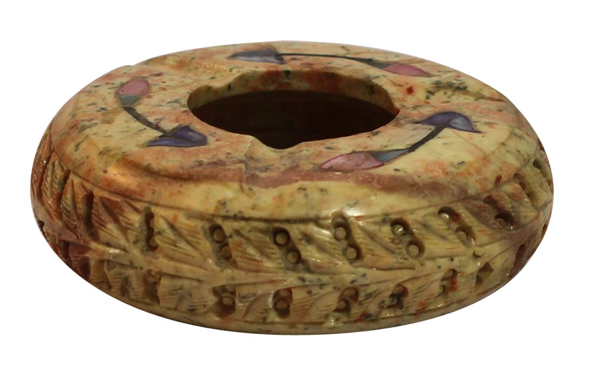 Bulk Wholesale Handmade Round-Shaped Ashtray in Soapstone - Decorated with Colorful Floral Patterns in Pietra Dura Art - Table-Top Accessories - Home/Office Decor