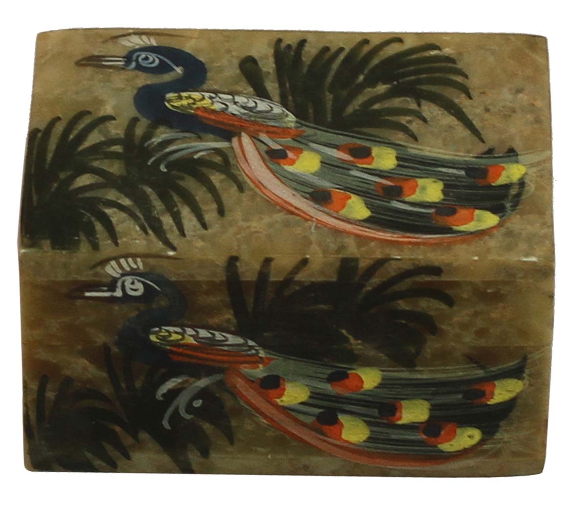 Wholesale 3” Marble Jewelry Box - Handmade Rectangle Shaped Trinket Box - Decorated with a Colorful Peacock Motif - Bulk Buy Dresser Accessories from India