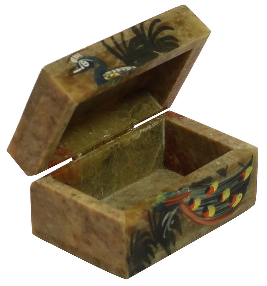 Wholesale 3” Marble Jewelry Box - Handmade Rectangle Shaped Trinket Box - Decorated with a Colorful Peacock Motif - Bulk Buy Dresser Accessories from India