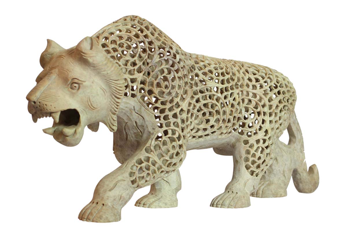 Wholesale Lion Figurine - Bulk Buy 15” Hand Carved Soapstone Lion Statue - Unique Open-Work Art - Roaring Lion With Bared Teeth - Animal Decor Sculpture - Home & Office Decor Gifts from India