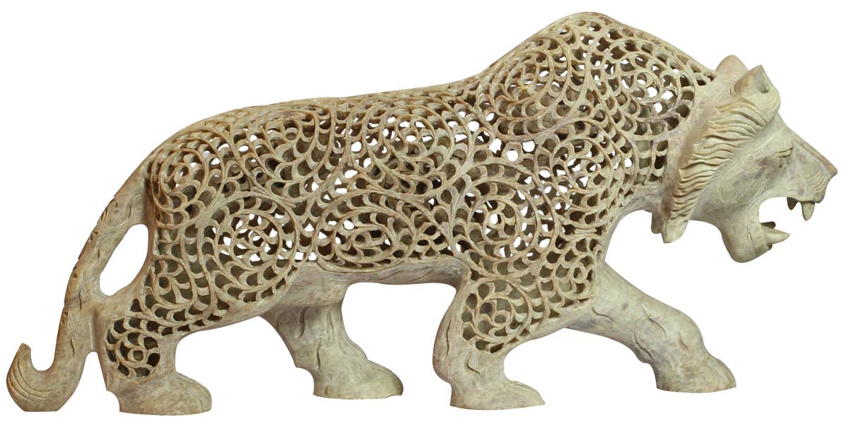 Wholesale Lion Figurine - Bulk Buy 15” Hand Carved Soapstone Lion Statue - Unique Open-Work Art - Roaring Lion With Bared Teeth - Animal Decor Sculpture - Home & Office Decor Gifts from India