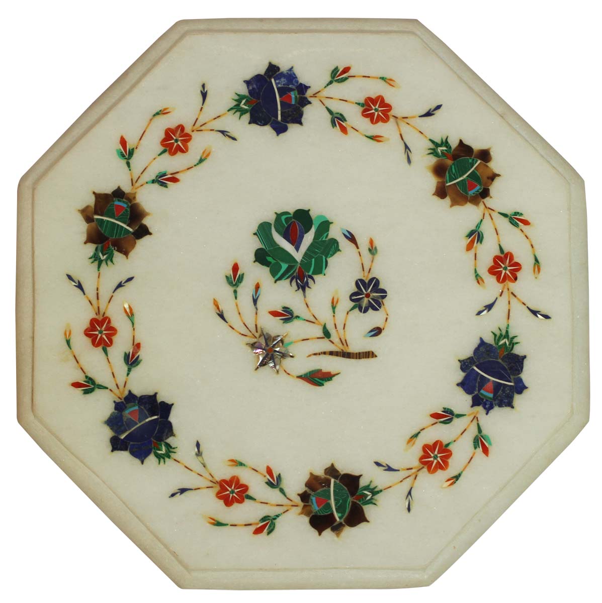 Bulk Wholesale 12” Handmade Octagon Shaped Table-Top in White Marble – Decorated with Floral Patterns in Pietra Dura Art – Home Décor