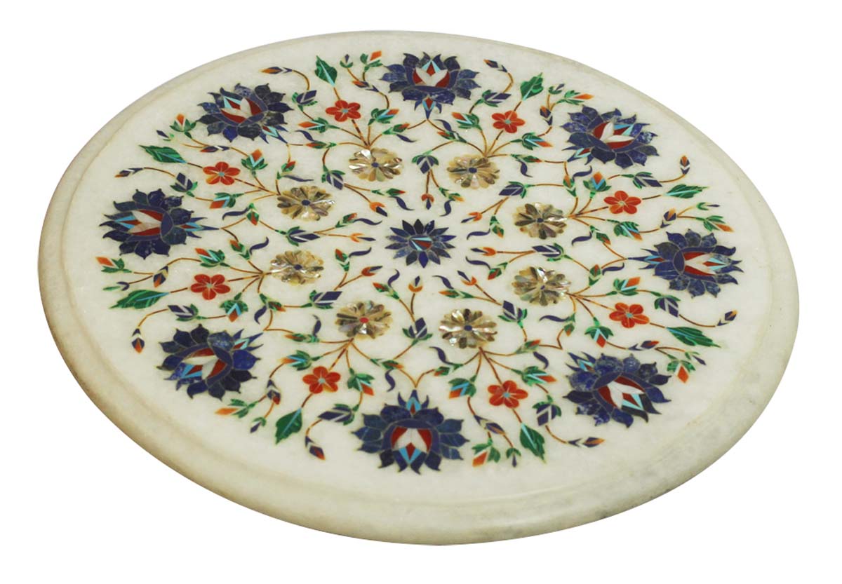 Bulk Wholesale 12” Handmade Round Shaped Table-Top in White Marble – Decorated with Floral Patterns in Pietra Dura Art – Home Décor
