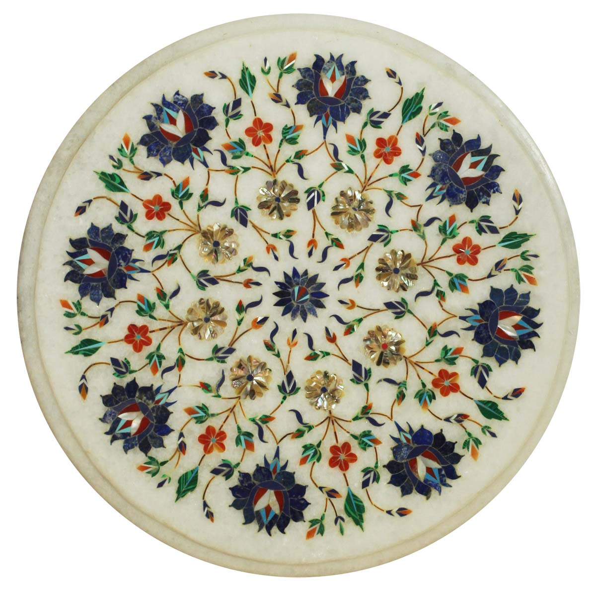 Bulk Wholesale 12” Handmade Round Shaped Table-Top in White Marble – Decorated with Floral Patterns in Pietra Dura Art – Home Décor
