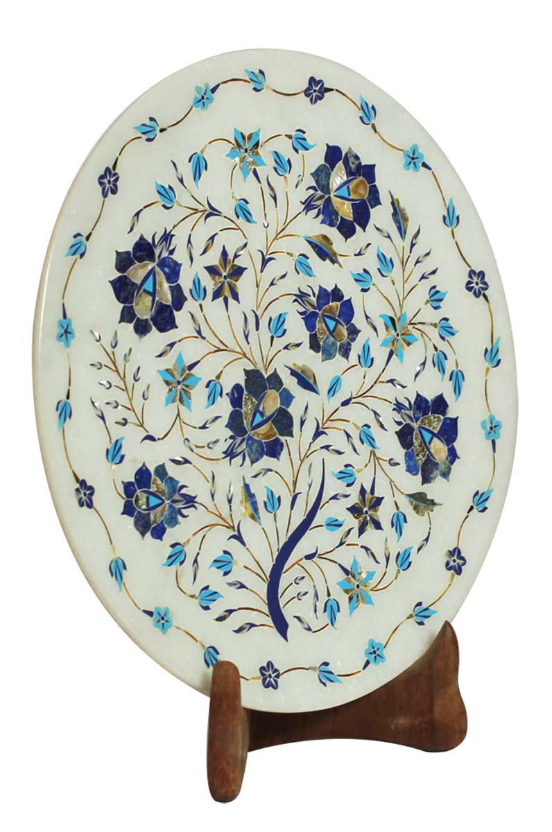 Bulk Wholesale 9.7” Handmade Round-Shaped Decorative Plate in White Marble – Designed with Blue Color Floral Motifs in Marble Inlay Art – Home / Office Décor