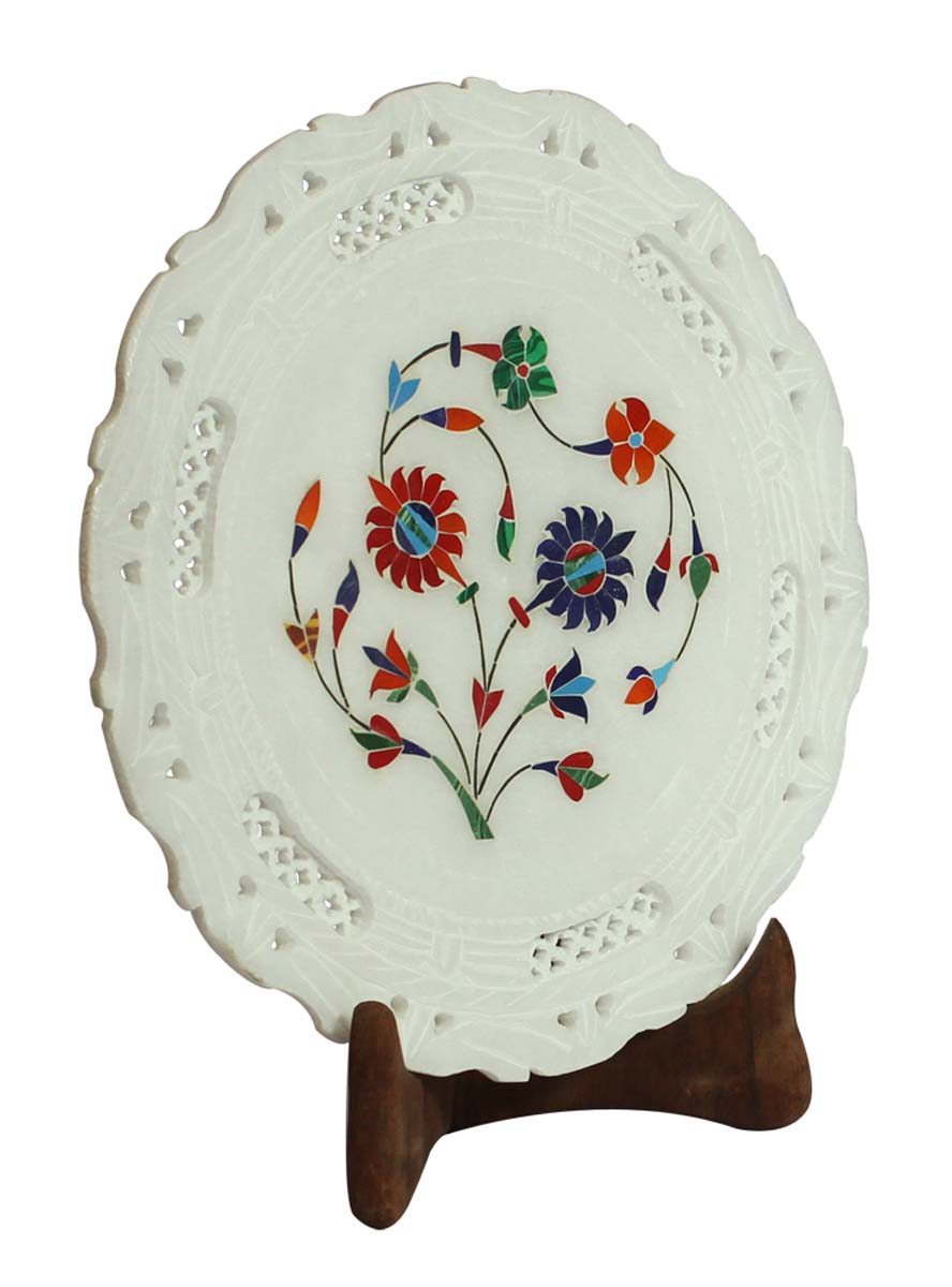 Bulk Wholesale 9” Handmade Round-Shaped Decorative Plate in White Marble – Designed with Start Shaped Patterns in Jaali Art & Colorful Floral Motifs in Marble Inlay Art  – Home / Office Décor