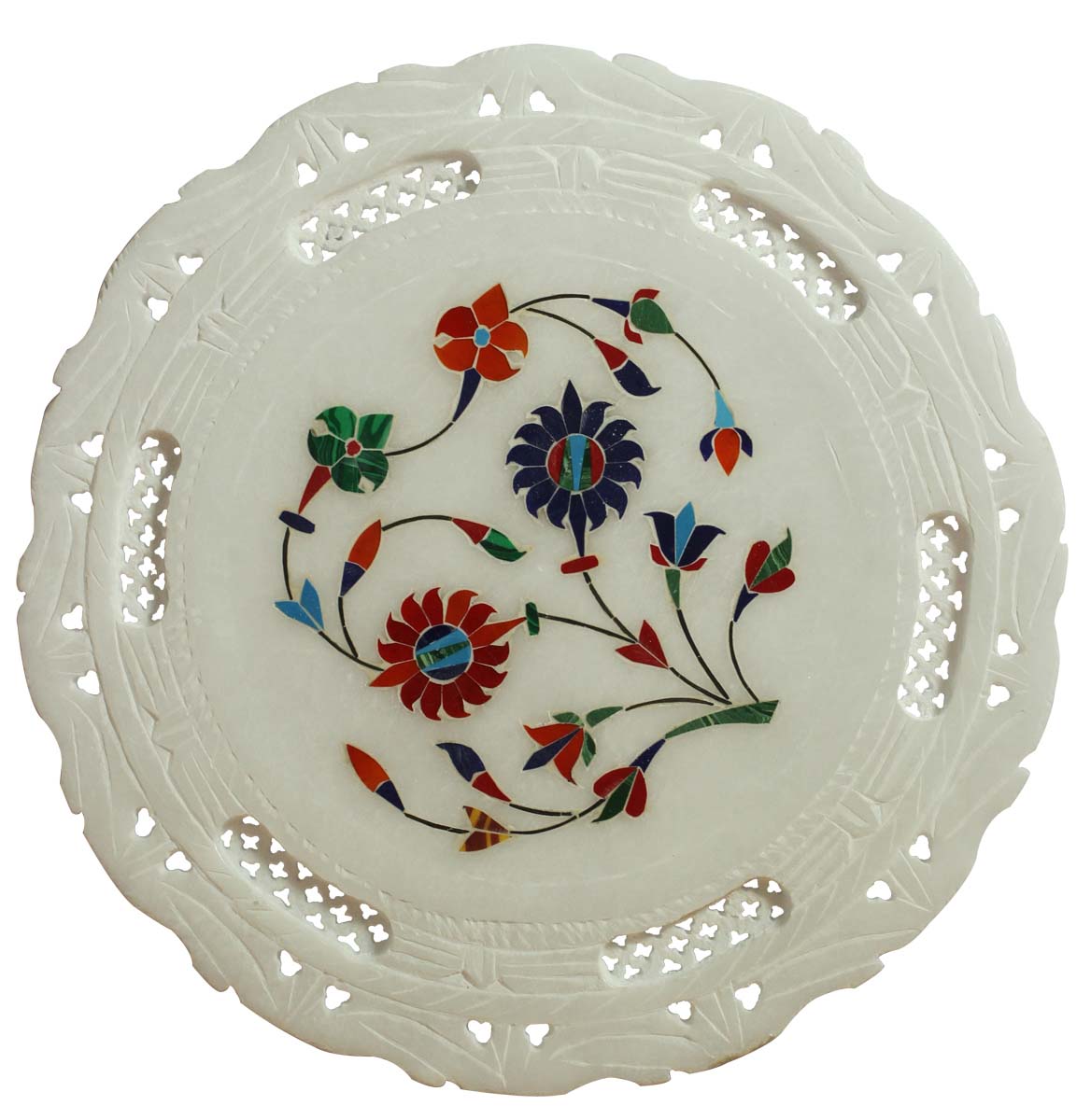 Bulk Wholesale 9” Handmade Round-Shaped Decorative Plate in White Marble – Designed with Start Shaped Patterns in Jaali Art & Colorful Floral Motifs in Marble Inlay Art  – Home / Office Décor