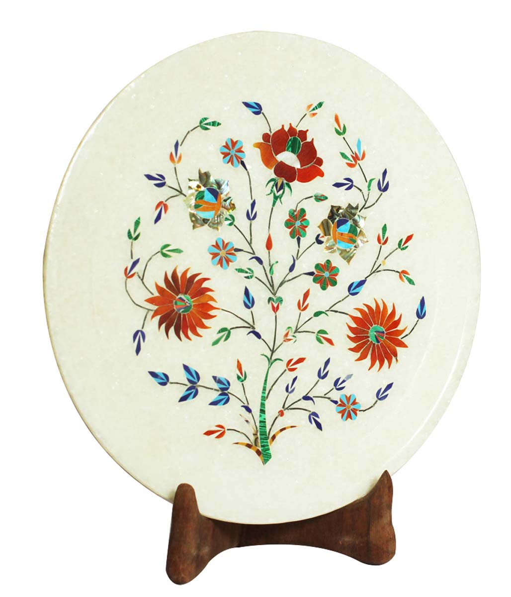 Bulk Wholesale 10” Handmade Round-Shaped Decorative Plate in White Marble – Designed with Colorful Floral Motifs in Marble Inlay Art – Home / Office Décor