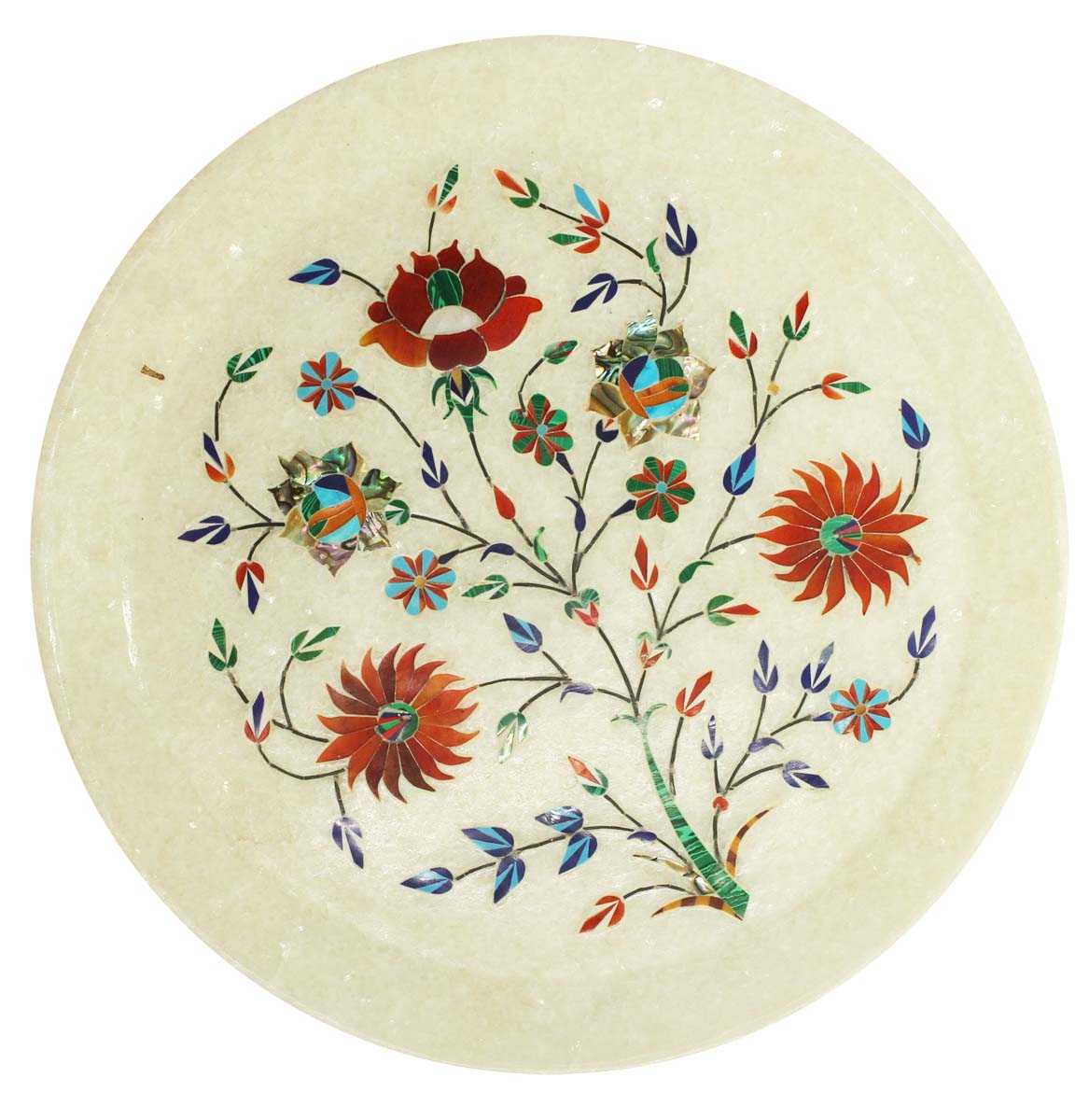 Bulk Wholesale 10” Handmade Round-Shaped Decorative Plate in White Marble – Designed with Colorful Floral Motifs in Marble Inlay Art – Home / Office Décor
