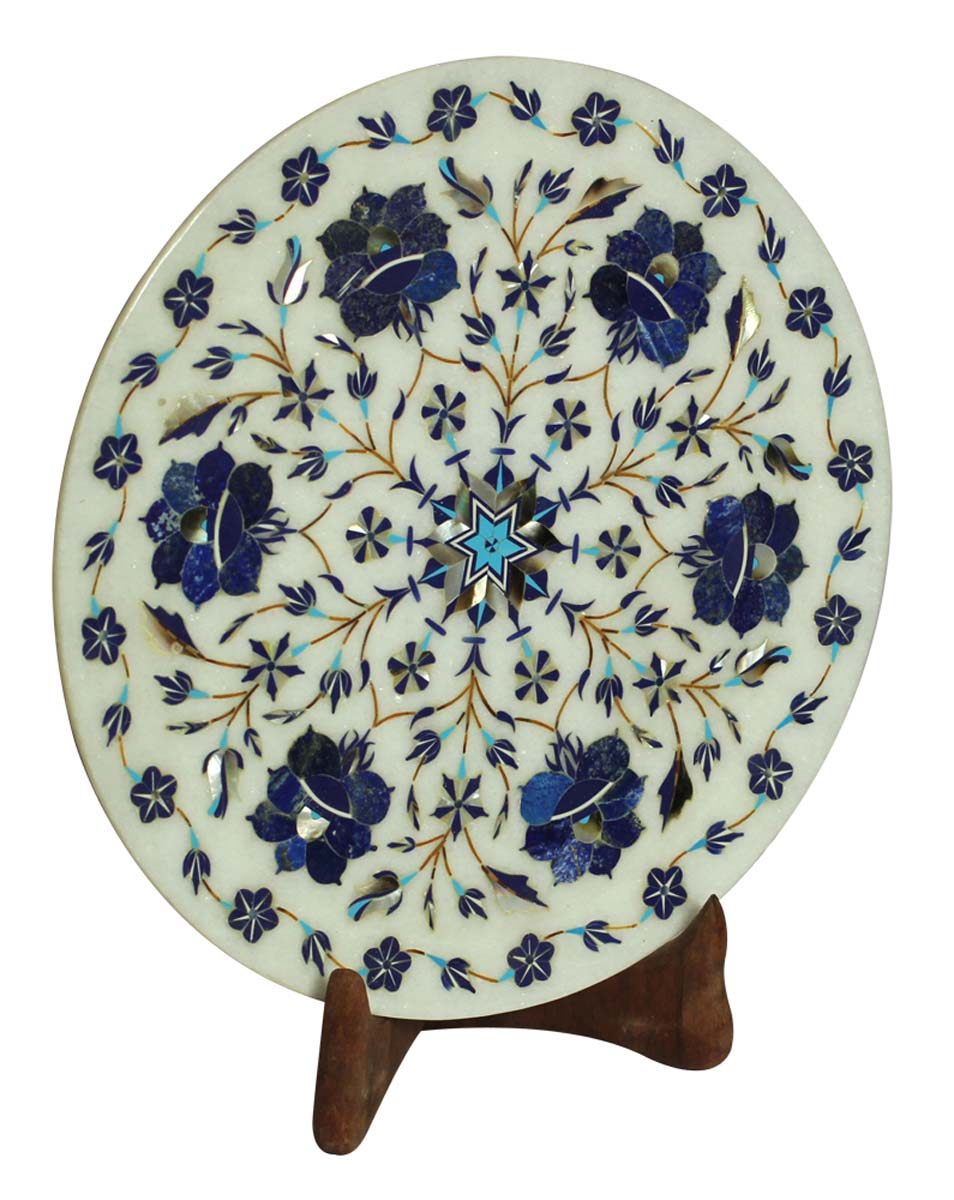 Bulk Wholesale 10” Handmade Round-Shaped Decorative Plate in White Marble – Designed with Blue Color Floral Motifs in Marble Inlay Art – Home / Office Décor