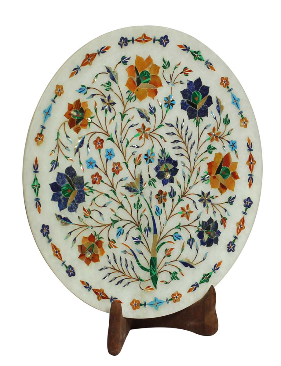 Bulk Wholesale 11” Handmade Round-Shaped Decorative Plate in White Marble – Designed with Colorful Floral Motifs in Marble Inlay Art – Home / Office Décor
