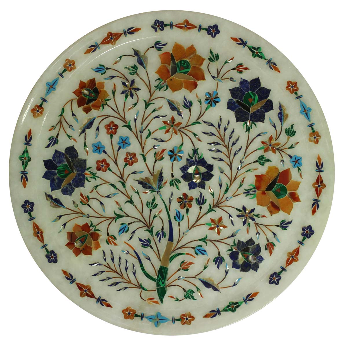 Bulk Wholesale 11” Handmade Round-Shaped Decorative Plate in White Marble – Designed with Colorful Floral Motifs in Marble Inlay Art – Home / Office Décor