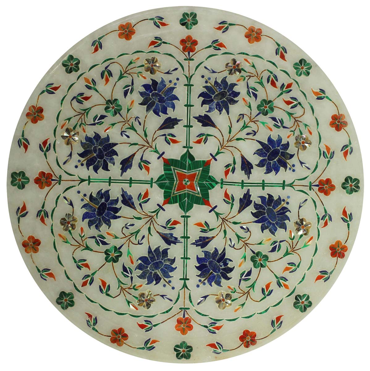 Bulk Wholesale 11” Handmade Round-Shaped Decorative Plate in White Marble – Designed with Colorful Floral Motifs in Marble Inlay Art – Home / Office Décor