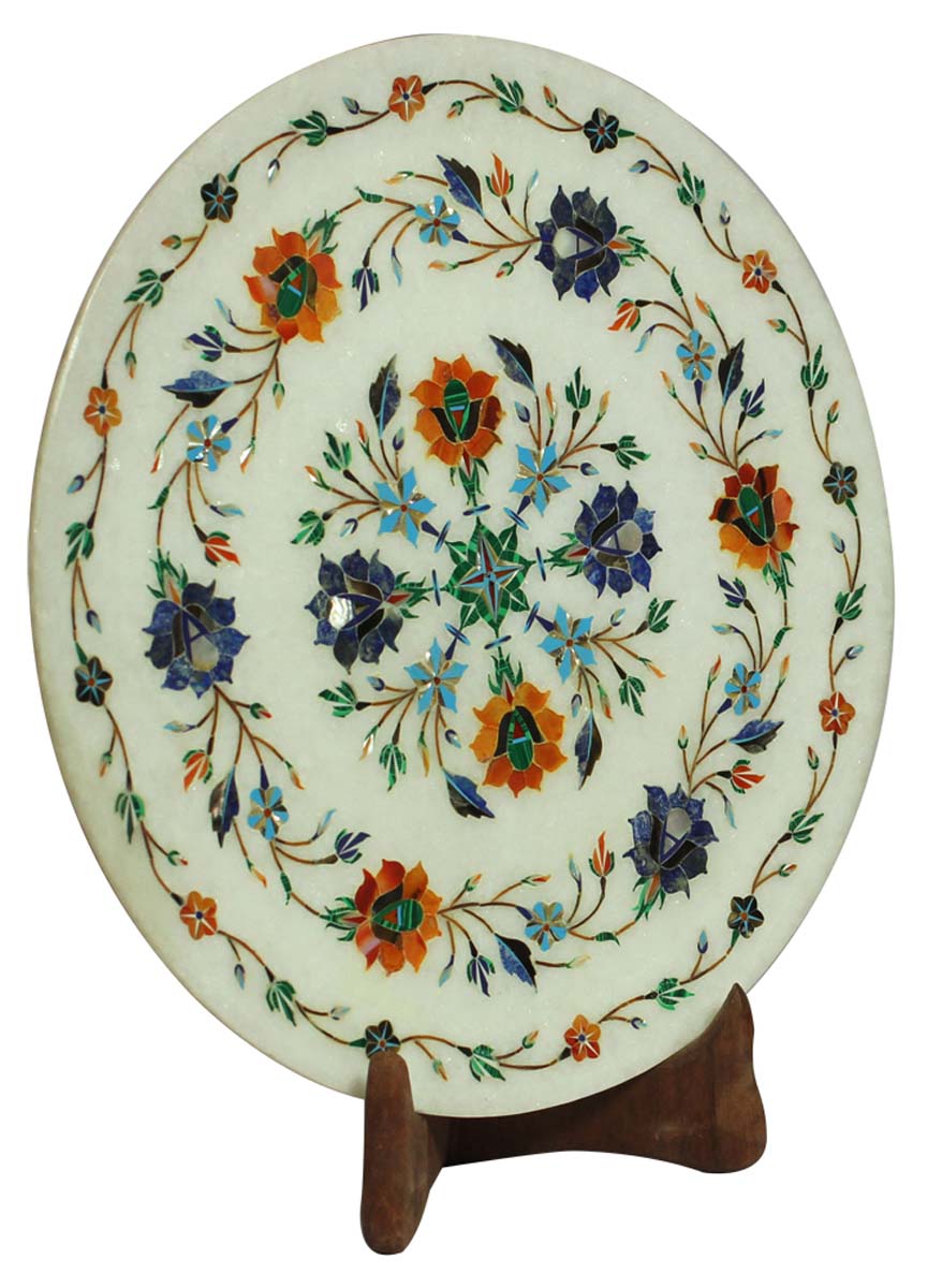 Bulk Wholesale 11” Handmade Round-Shaped Decorative Plate in White Marble – Designed with Colorful Floral Motifs in Marble Inlay Art – Home / Office Décor